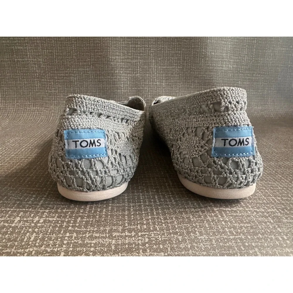 TOMS Silver Metallic Crochet Lace Alpargata Slip On Flats Shoes Womens 10